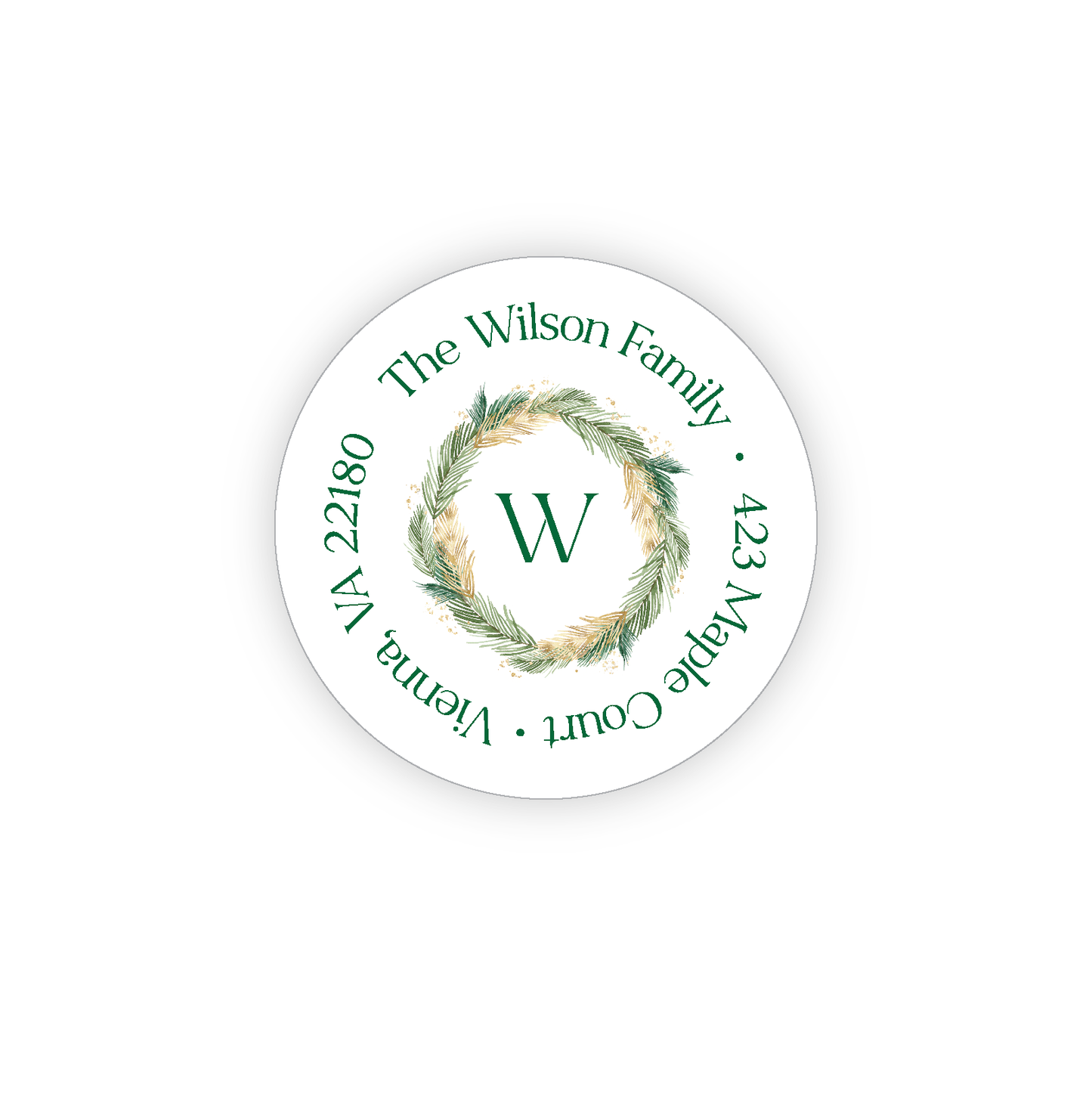 Round Address Label | Green & Gold Pine Wreath