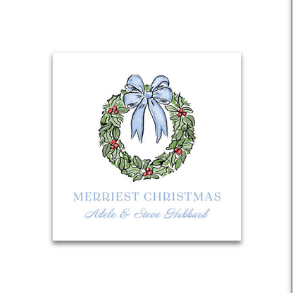 Holiday Gift Tag or Sticker    |    Blue Bow Wreath