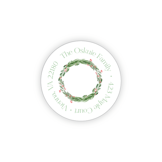 Christmas Wreath 2 Round Address Label - Paper & Gifts By Adele