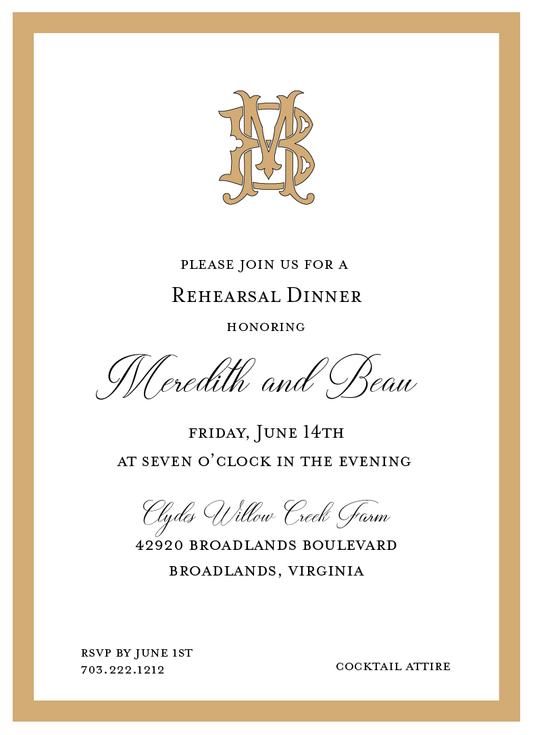 Wedding   |   Rehearsal Dinner Invitation    |  Tan and Black Monogram